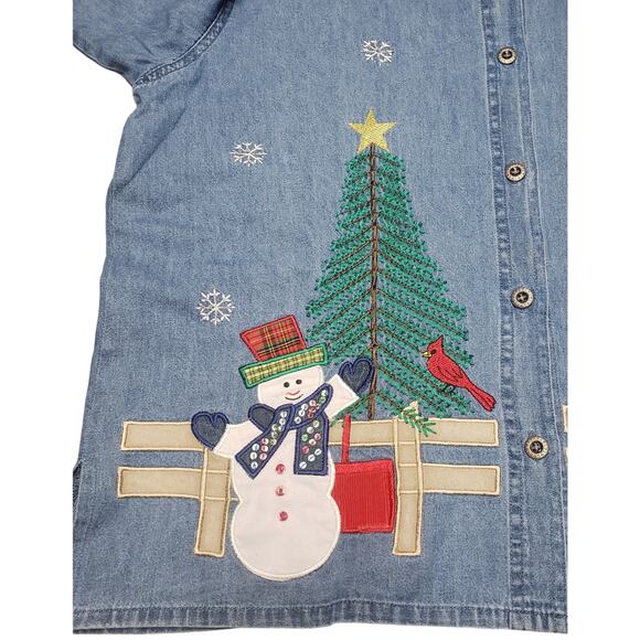 Dressbarn Holiday Top Womens Large Light Blue Button Down Snowman Festive Collar - Picture 6 of 10